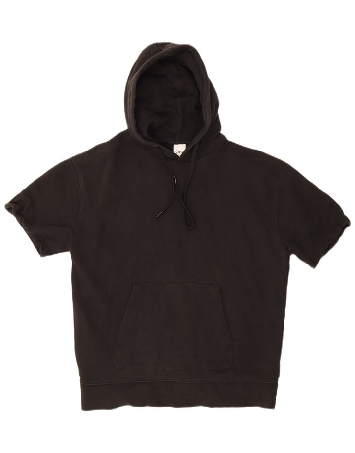 Zara Suéter masculino com capuz de manga curta médio preto algodão
