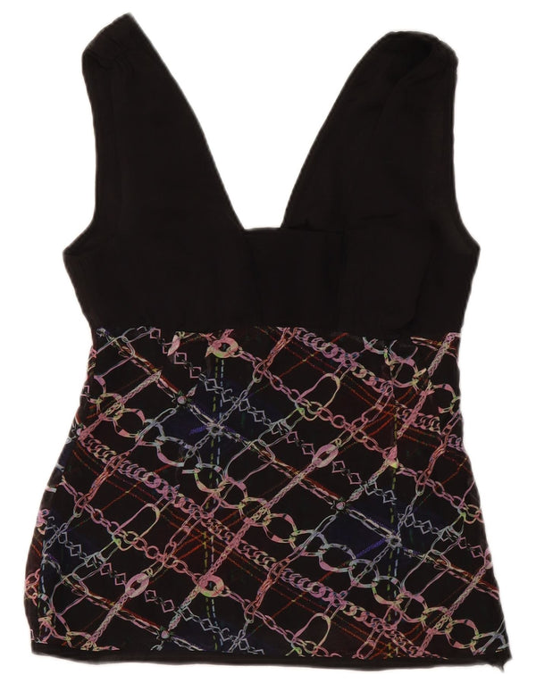 Costume National Blusa feminina sem mangas crop top UK 6 XS preto geométrico