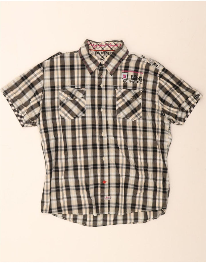 Camisa masculina vintage de manga curta 2XL algodão xadrez cinza