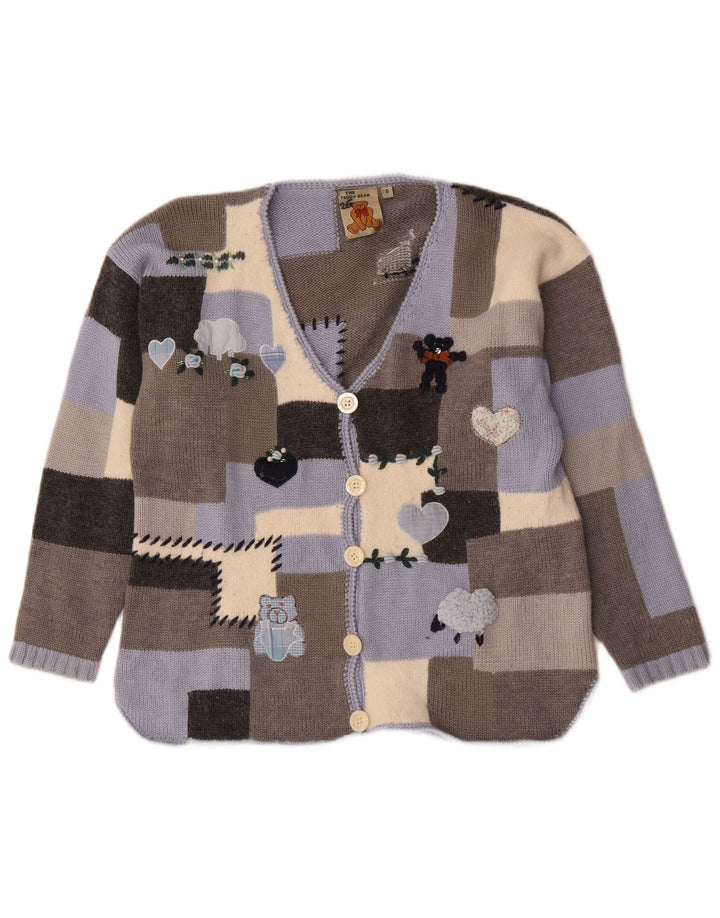 Suéter cardigã gráfico feminino vintage Reino Unido 10 pequenos retalhos multicoloridos