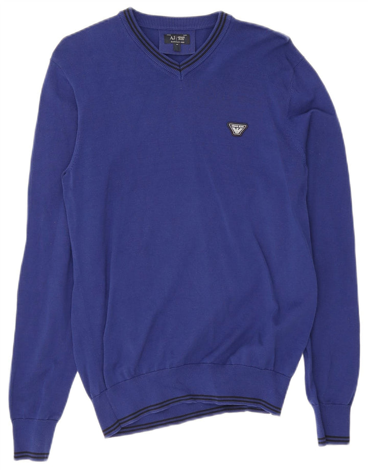 Suéter masculino Armani Jeans com decote em V de algodão listrado azul médio