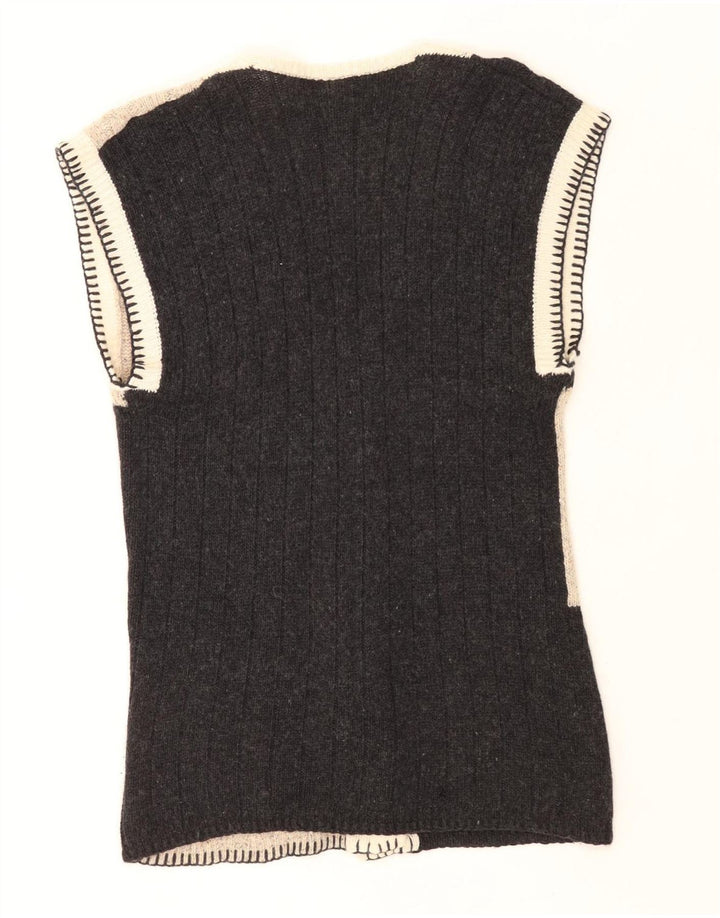 Suéter cardigã feminino sem mangas Astor Reino Unido 14 lã colorblock cinza médio