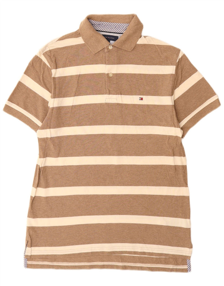Camisa polo masculina Tommy Hilfiger pequena listrada marrom de algodão