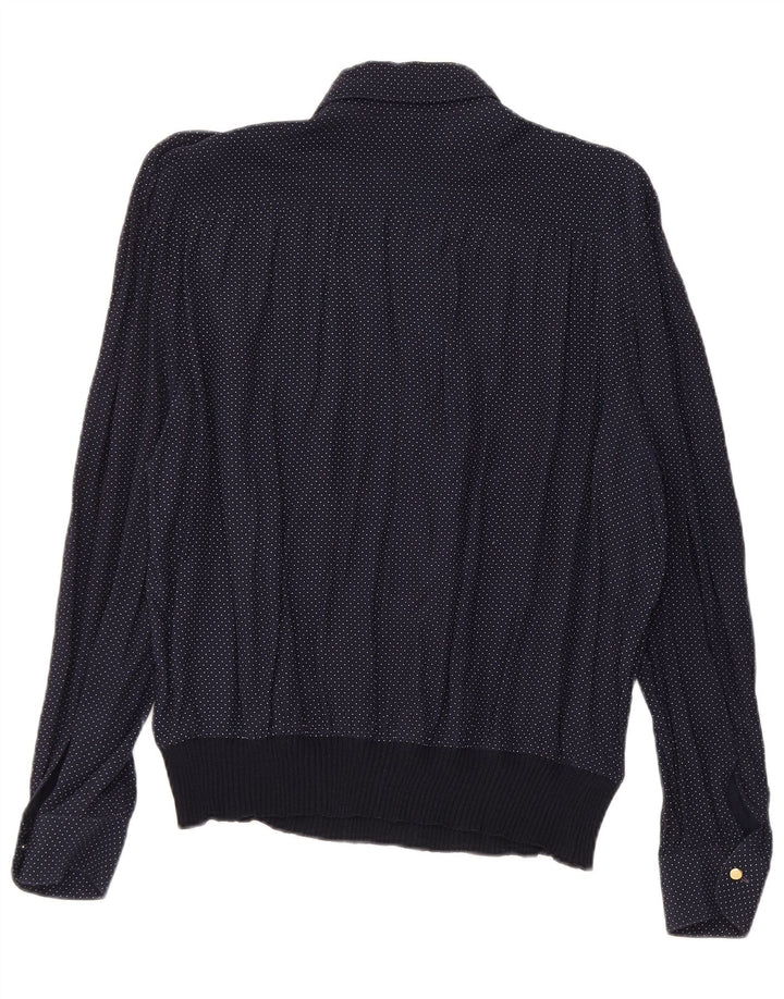 Blusa feminina VINTAGE Reino Unido 16 grande viscose manchada azul marinho