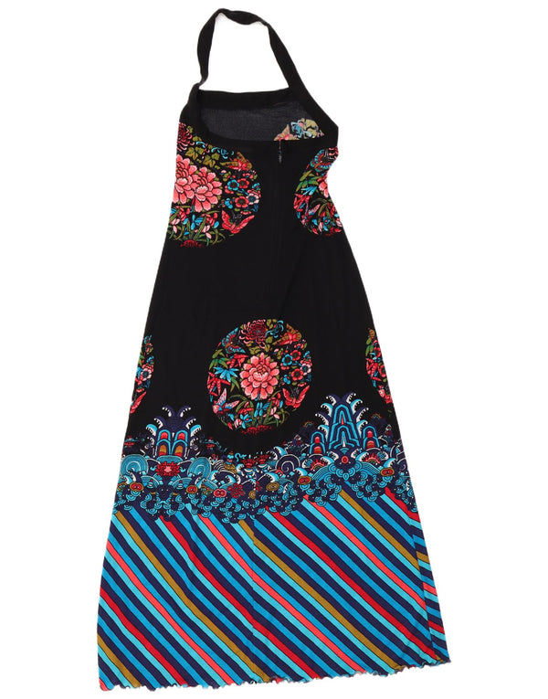 Vestido feminino vintage maxi halter UK 10 pequeno floral preto