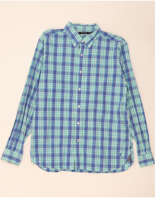 Camisa masculina Nautica grande algodão xadrez azul