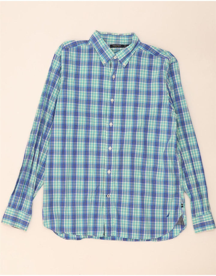 Camisa masculina Nautica grande algodão xadrez azul
