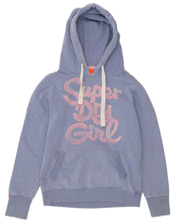 Jumper feminino com capuz gráfico SUPERDRY UK 14 algodão manchado azul médio