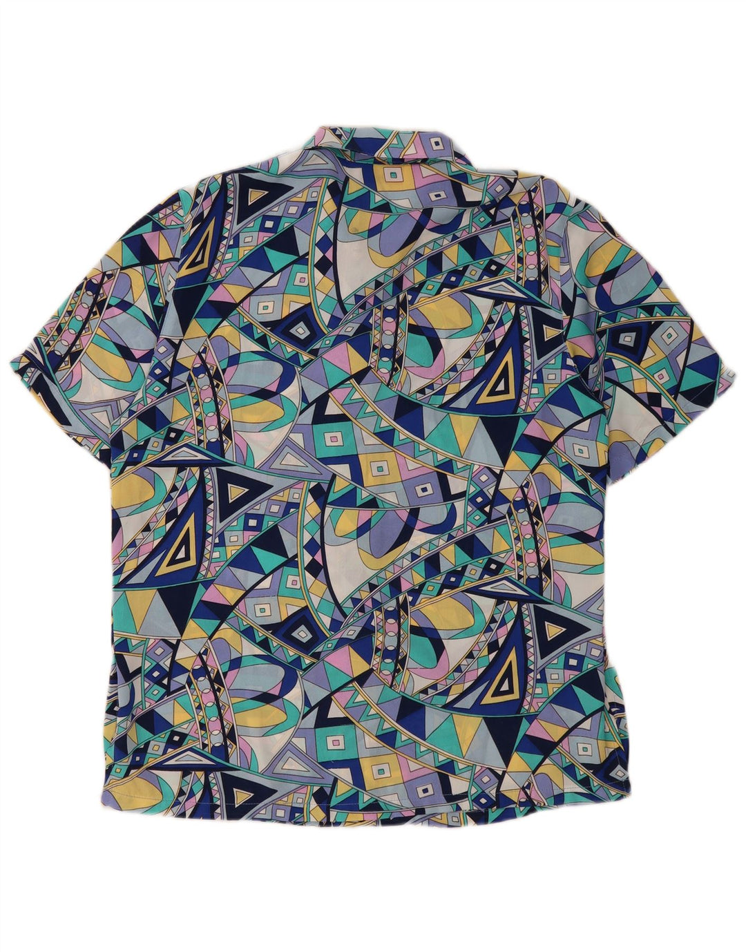 Camisa feminina vintage de manga curta UK 16 grande geométrica multicolorida