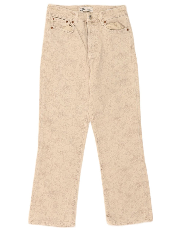 Zara Jeans recortados femininos pequenos W28 L25 bege floral algodão