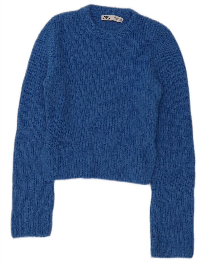 Zara Suéter feminino cropped com gola redonda Reino Unido 12 poliéster azul médio