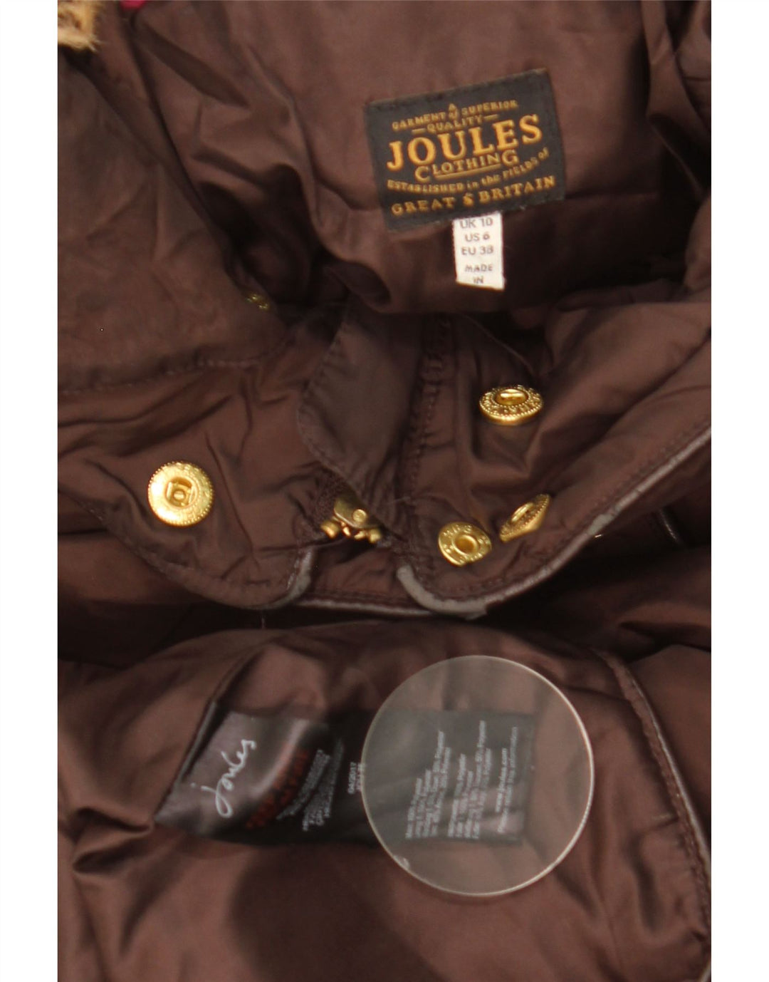 Casaco acolchoado com capuz feminino JOULES UK 10 pequeno poliéster marrom