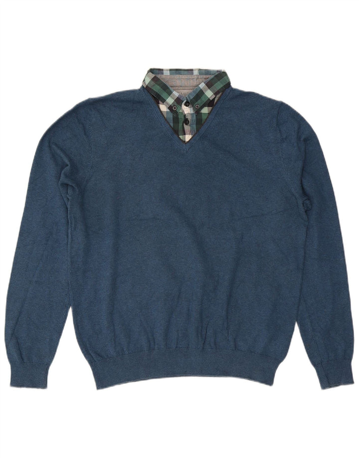 Suéter masculino Marks & Spencer com ajuste regular e decote em V de algodão azul médio