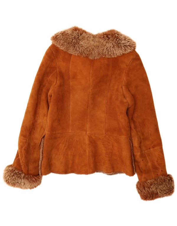 Jaqueta Shearling Feminina Vintage Reino Unido 12 Couro Marrom Médio