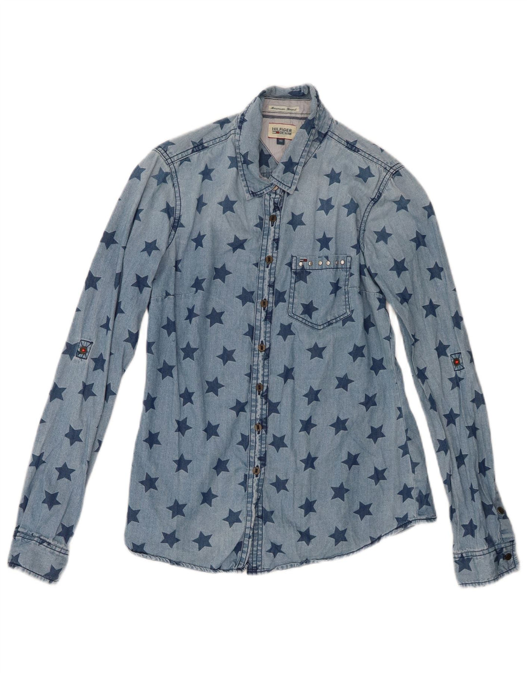 Tommy Hilfiger Camisa jeans feminina com padrão abstrato Reino Unido 6 XS Azul