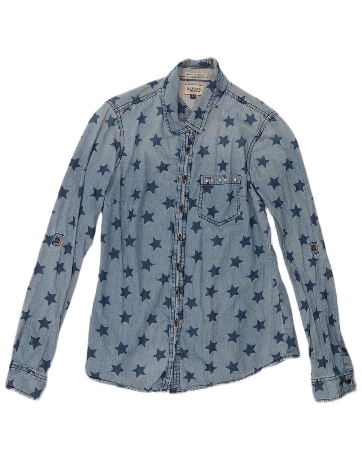 Tommy Hilfiger Camisa jeans feminina com padrão abstrato Reino Unido 6 XS Azul