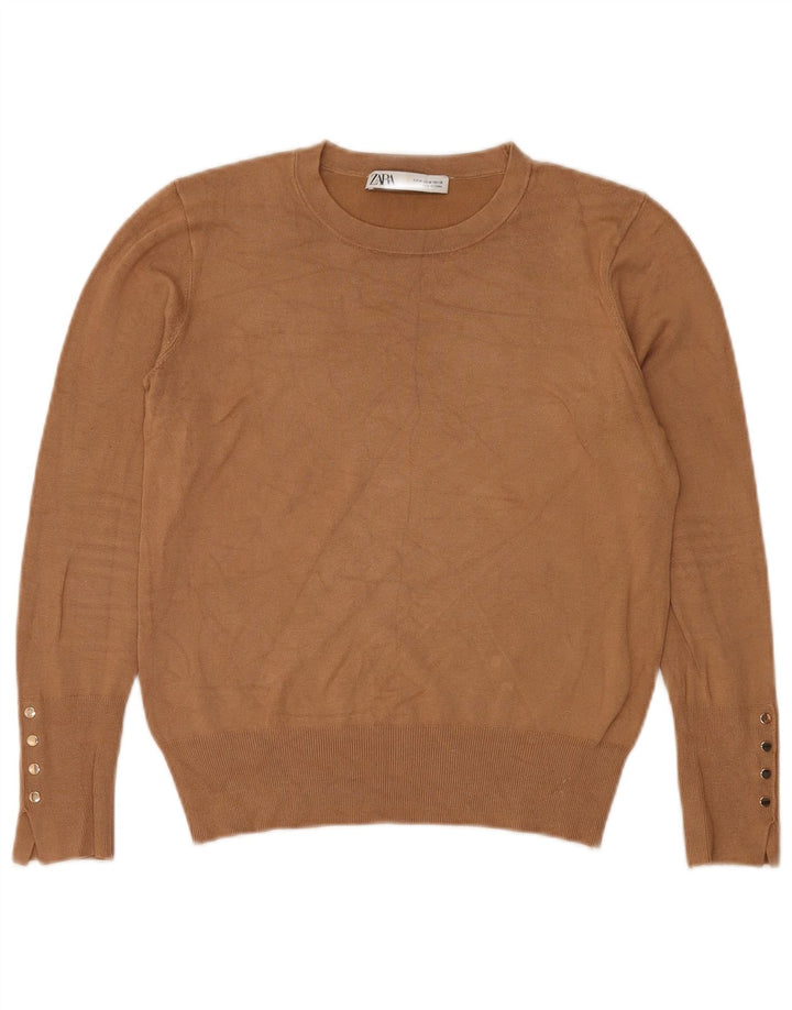 Suéter feminino Zara com gola redonda, Reino Unido 14, marrom médio