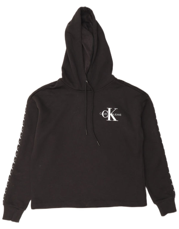 Calvin Klein Jeans feminino gráfico oversized moletom com capuz UK 6 XS preto