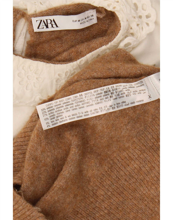 Suéter feminino Zara com gola canoa e gola canoa Reino Unido 14 poliéster marrom médio