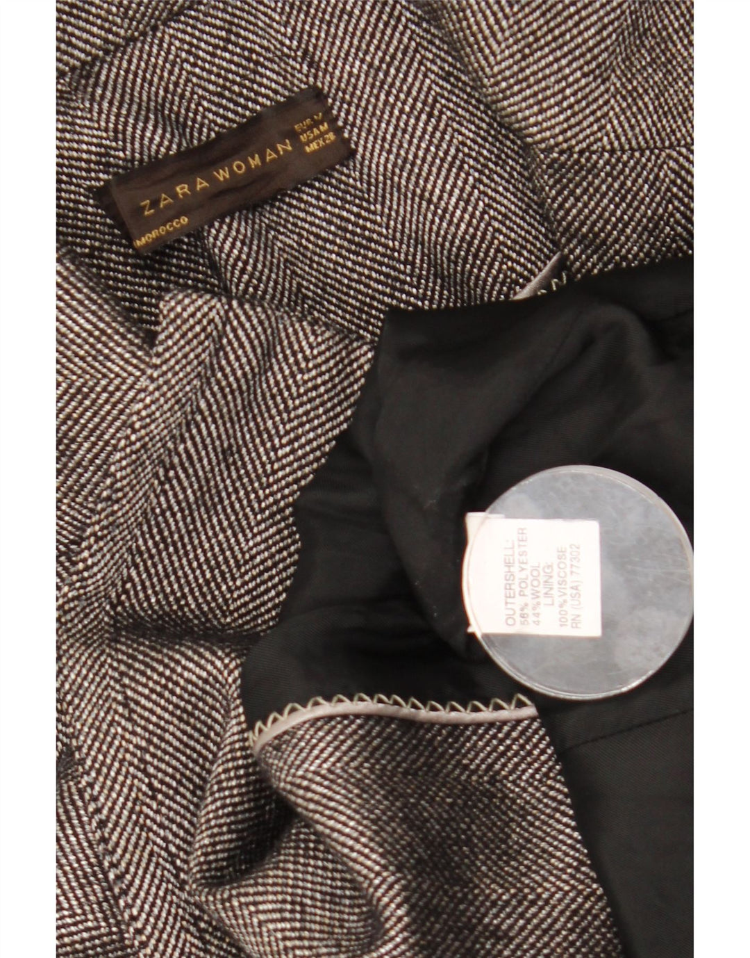 Casaco feminino Zara Pea Coat UK 12 poliéster espinha de peixe cinza médio