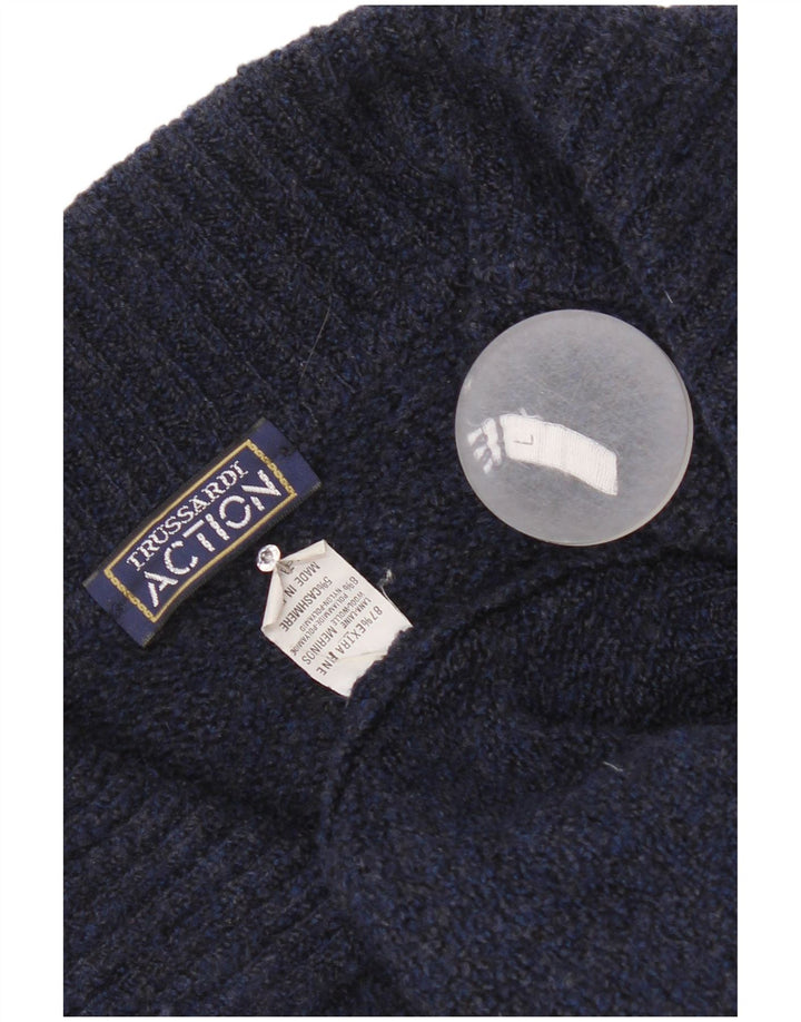 Suéter cardigã masculino Trussardi grande lã merino azul marinho