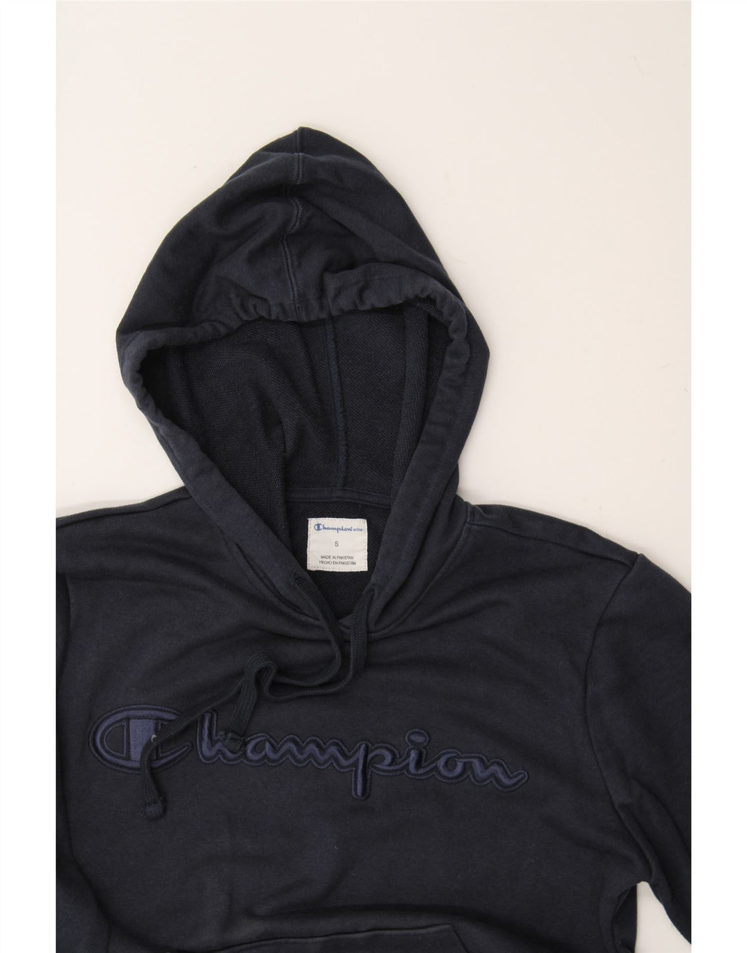 CHAMPION Mens Graphic Hoodie Jumper Small Navy Blue Cotton Vintage Champion and Second-Hand Champion from Messina Hembry 