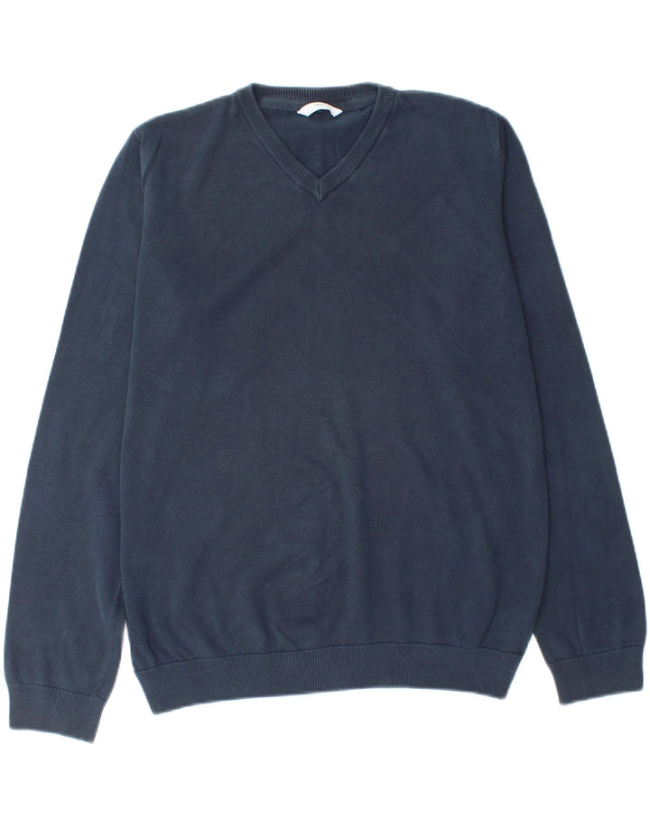 MARKS & SPENCER Boys V-Neck Jumper Sweater 15-16 Years Navy Blue Cotton Vintage Marks & Spencer and Second-Hand Marks & Spencer from Messina Hembry 
