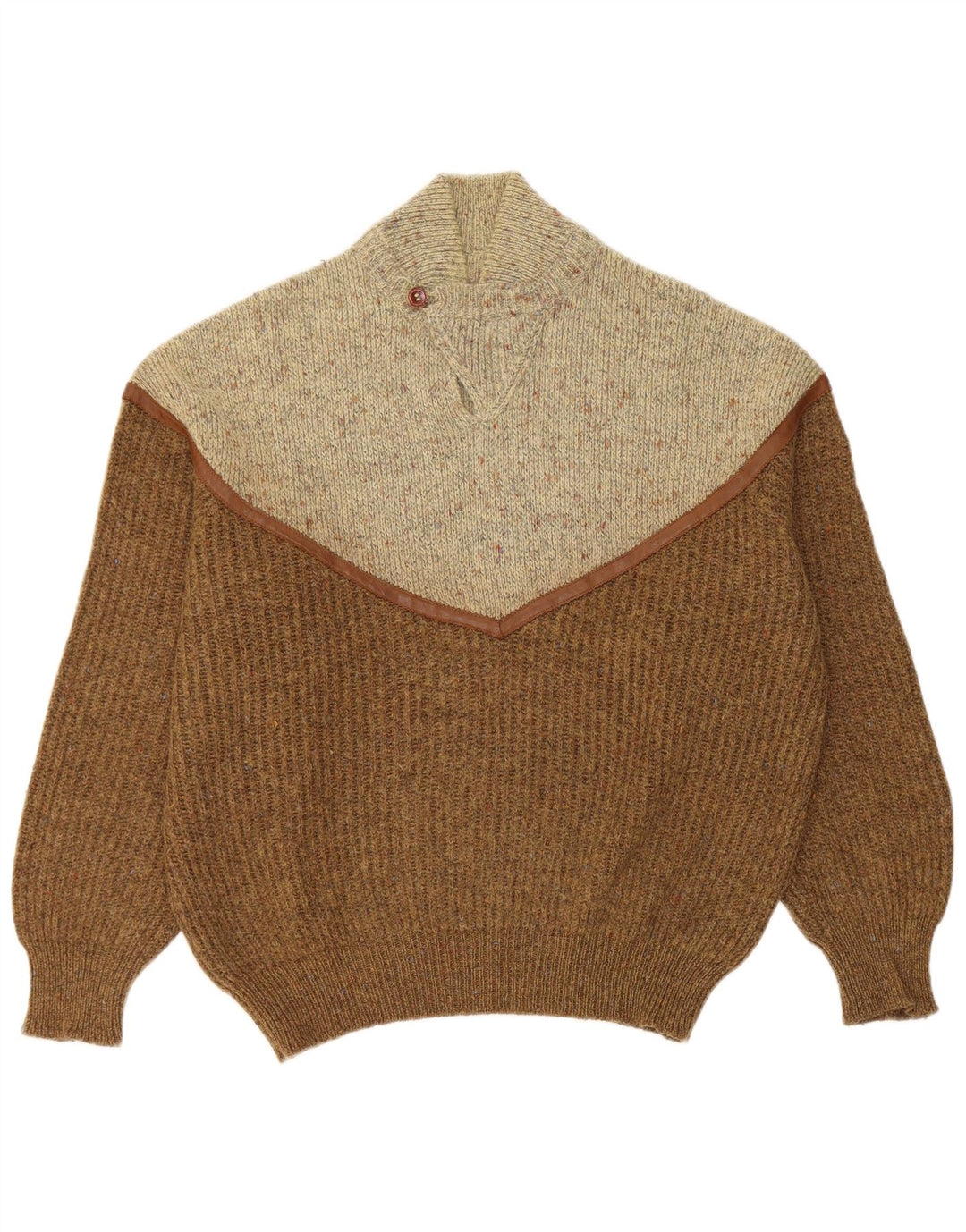 Suéter vintage masculino com gola tartaruga grande bloco colorido marrom