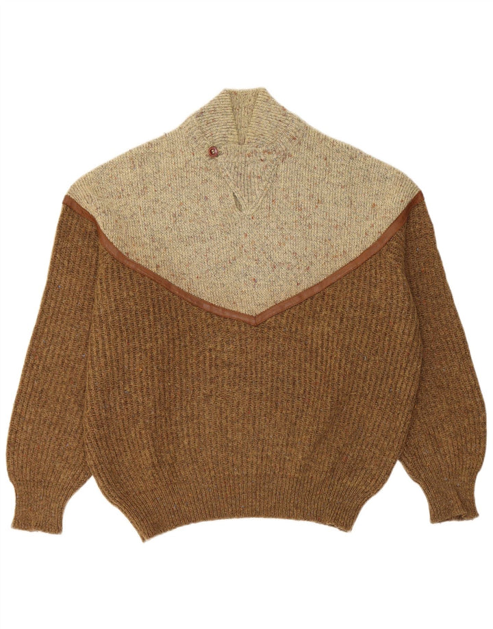 Suéter vintage masculino com gola tartaruga grande bloco colorido marrom