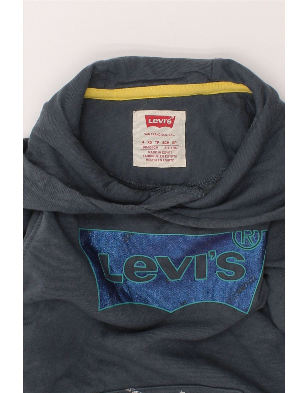 LEVI'S Boys Graphic Hoodie Jumper 3-4 Years XS Navy Blue Cotton Vintage Levi's and Second-Hand Levi's from Messina Hembry 