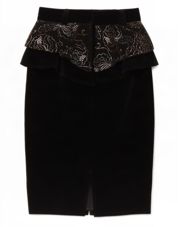 Saia feminina vintage de veludo peplum IT 44 médio W26 lã floral preta
