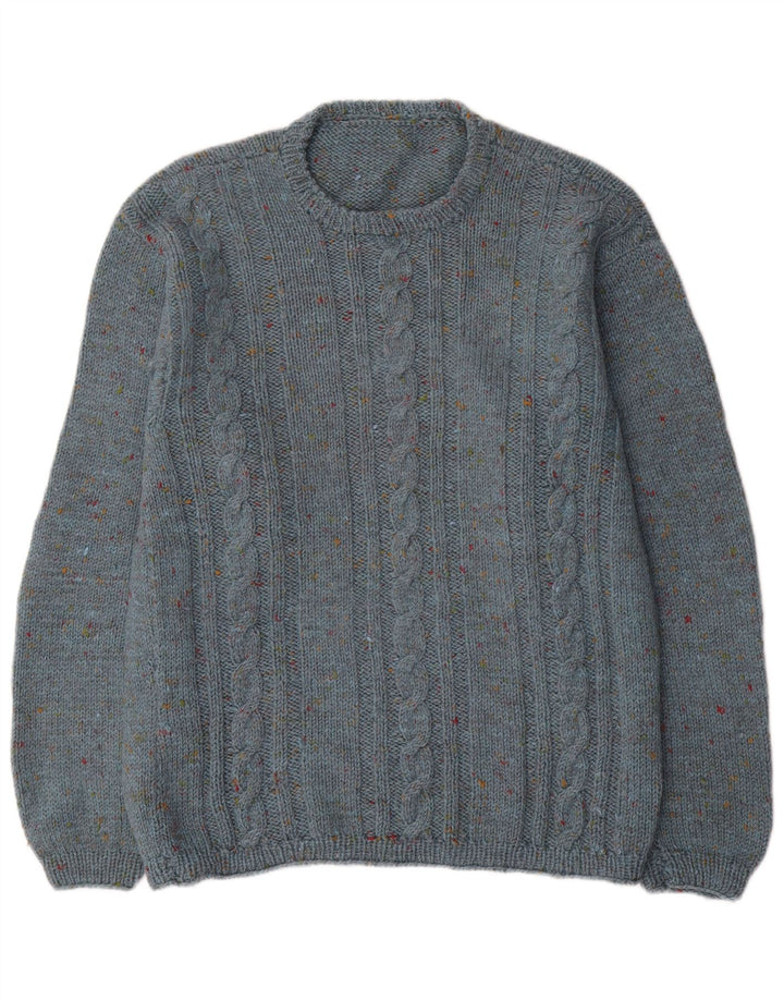 Suéter vintage masculino com gola redonda, médio azul manchado