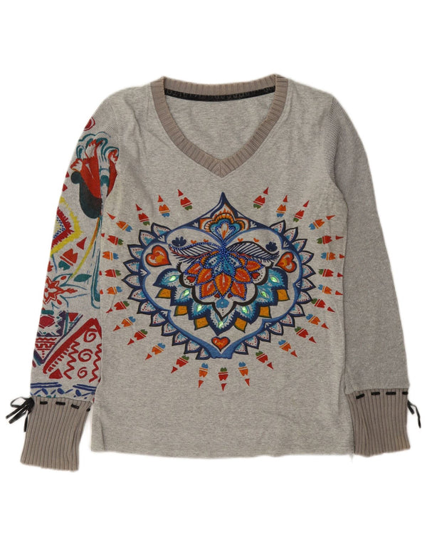 Top gráfico feminino Desigual manga comprida UK 14 algodão floral cinza médio