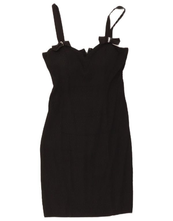 Minivestido feminino vintage sem mangas com bainha UK 12 médio preto manchado