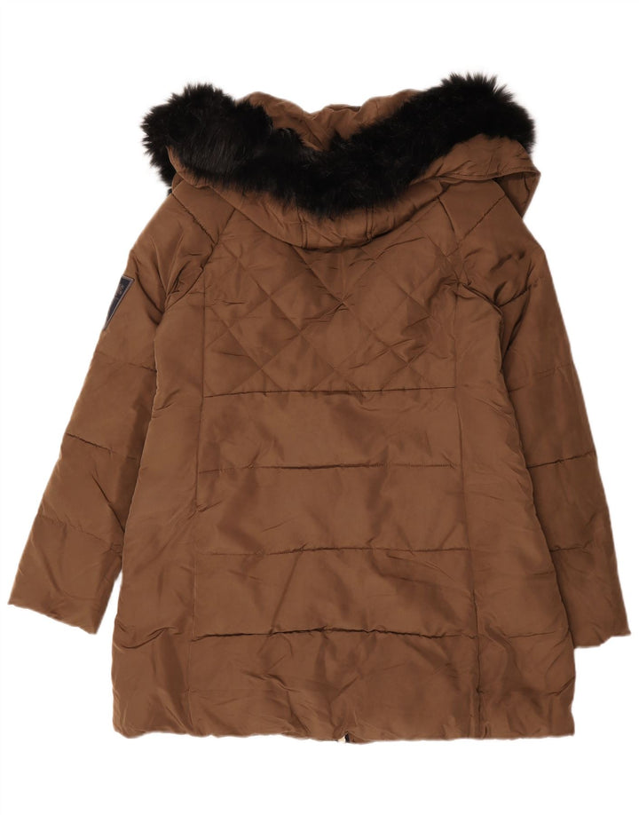 Casaco acolchoado com capuz feminino Zara UK 16 grande poliéster marrom