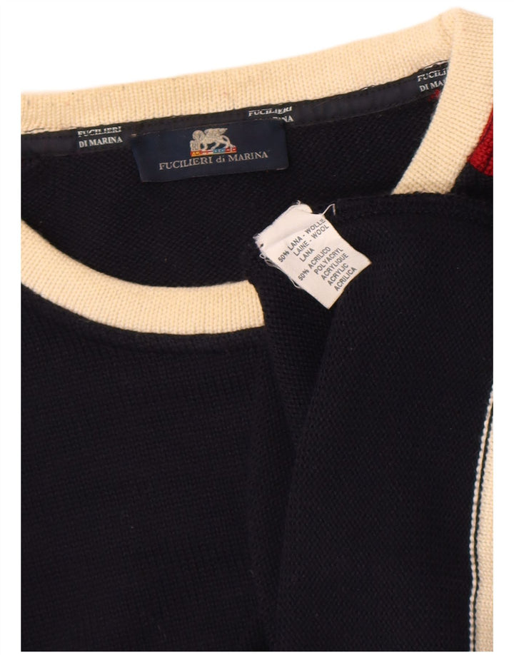Suéter vintage masculino com gola redonda, pequeno, azul marinho, lã colorblock