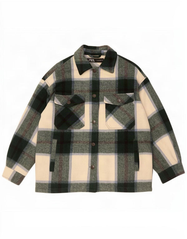 Zara Womens Oversized Utility Jacket UK 6 XS Verde Check Acrílico