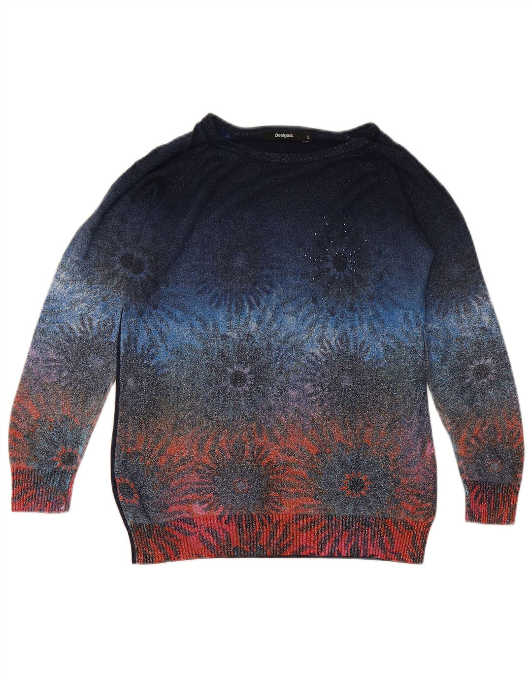 Suéter feminino DESIGUAL com gola canoa Reino Unido 10 pequeno azul marinho floral