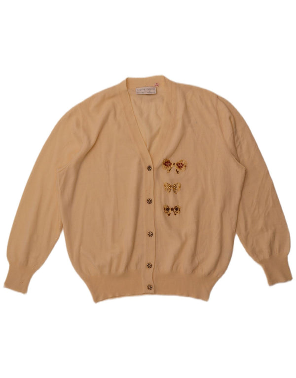 Suéter cardigã feminino vintage Reino Unido 22 2XL lã Merino branca