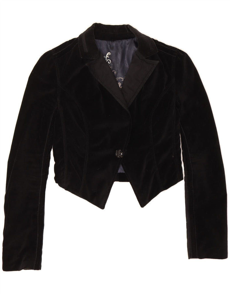 RIVER ISLAND Womens Crop 1 Button Blazer Jacket UK 10 Small  Black Cotton Vintage River Island and Second-Hand River Island from Messina Hembry 