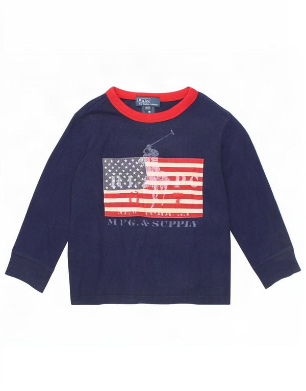 Polo Ralph Lauren Boys Graphic Top manga comprida 2-3 anos azul marinho algodão