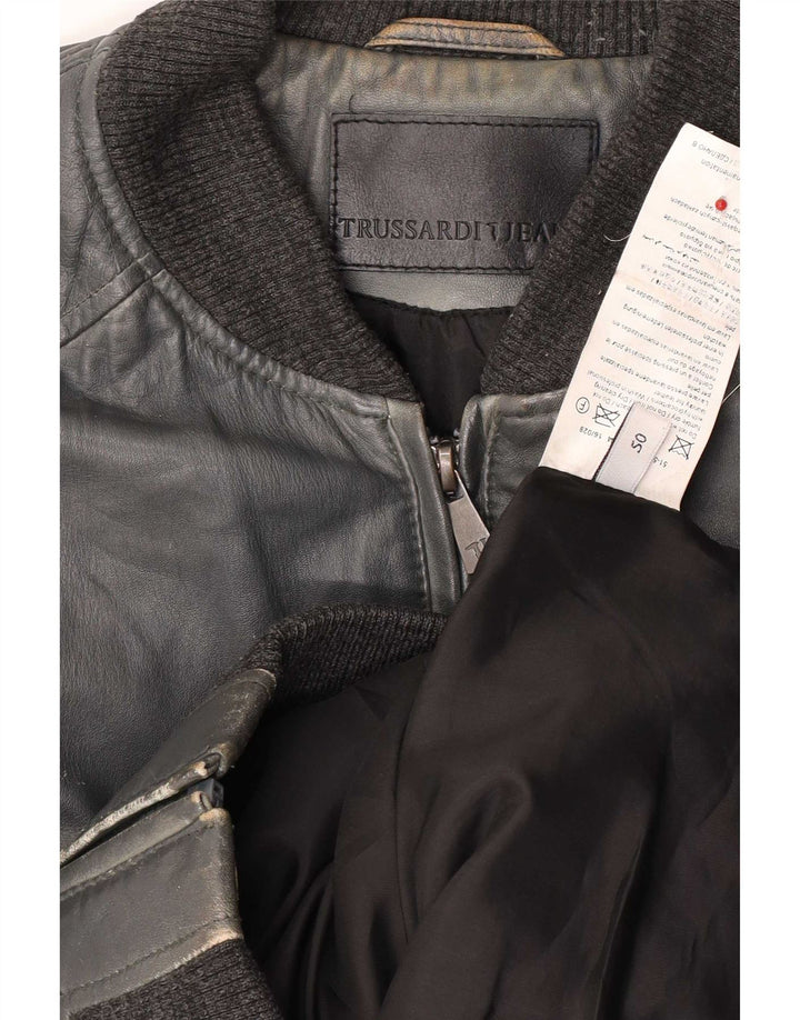 Jaqueta bomber feminina de couro Trussardi Jeans IT 50 XL azul marinho