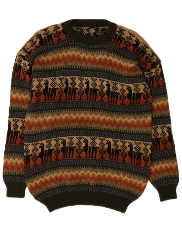 Suéter vintage masculino com gola redonda, médio multicolorido Fair Isle