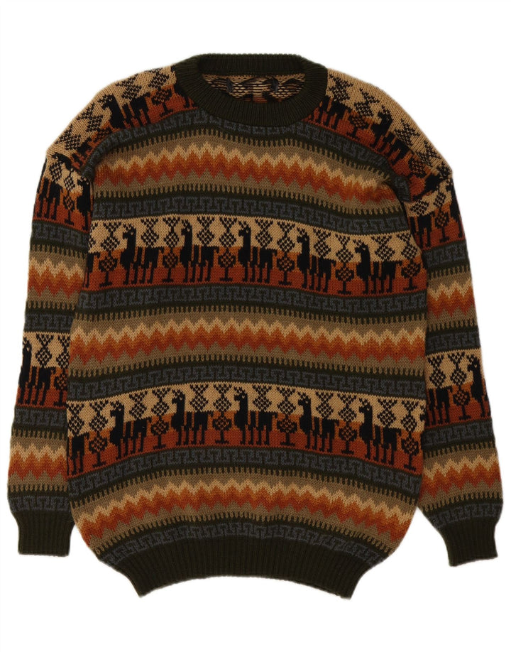 Suéter vintage masculino com gola redonda, médio multicolorido Fair Isle
