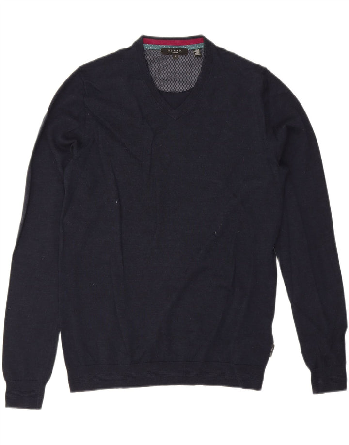 Suéter masculino TED BAKER com decote em V tamanho 3 médio azul marinho lã merino