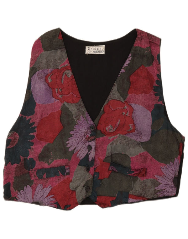 Colete feminino vintage Reino Unido 16 grande viscose floral multicolorida