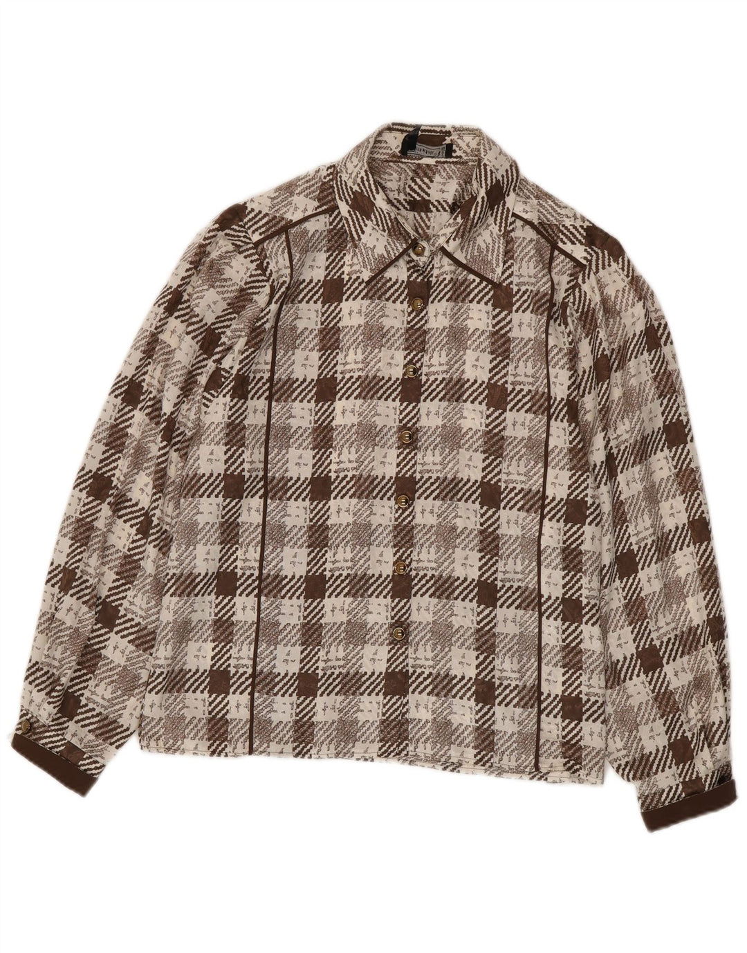 Camisa feminina vintage de ajuste regular Reino Unido 16 grande marrom houndstooth retrô