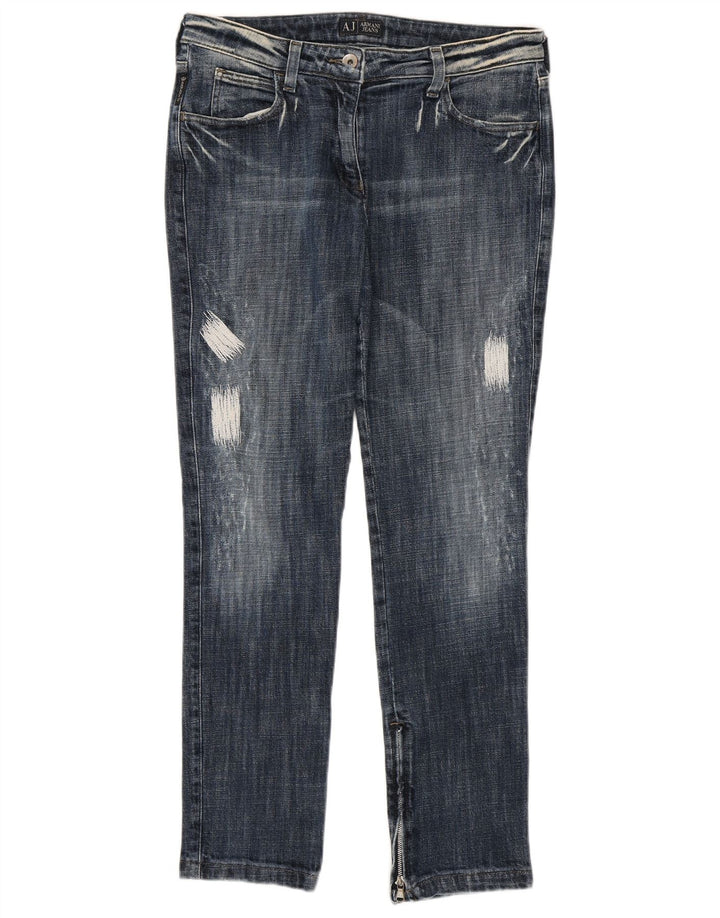 Calça jeans feminina Armani desgastada W29 L29 azul marinho