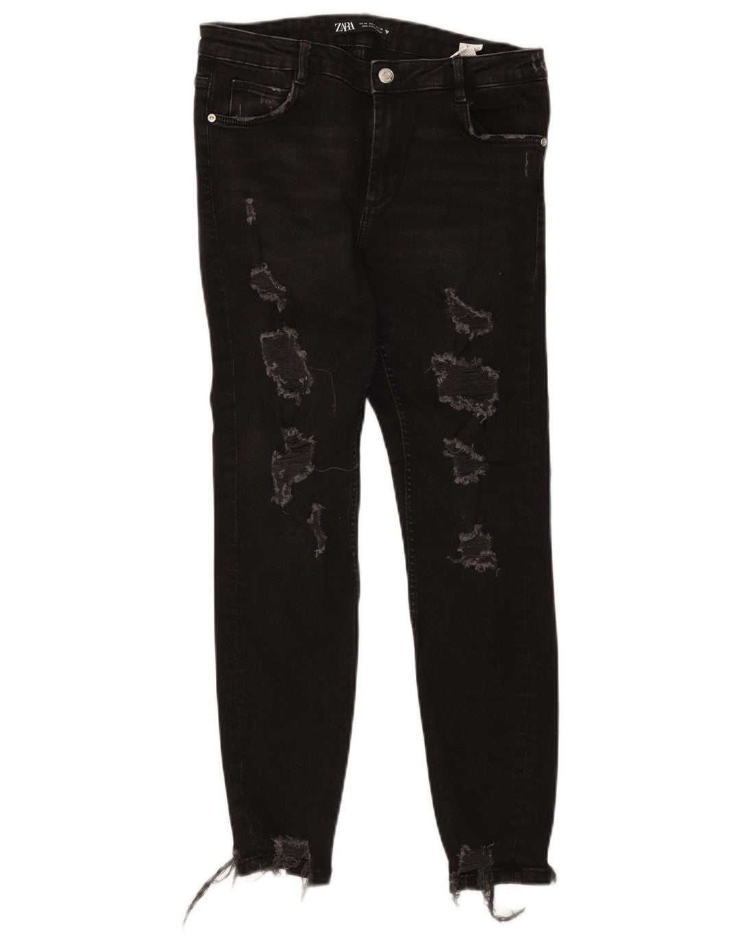 Zara Jeans feminino slim desgastado EU 40 médio W30 L27 algodão preto