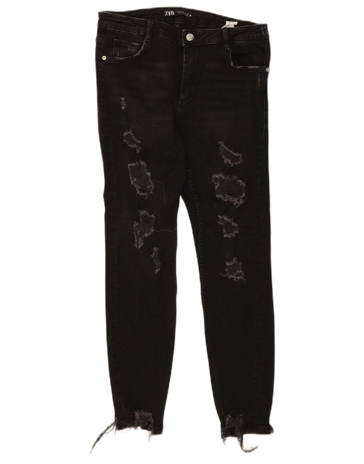 Zara Jeans feminino slim desgastado EU 40 médio W30 L27 algodão preto